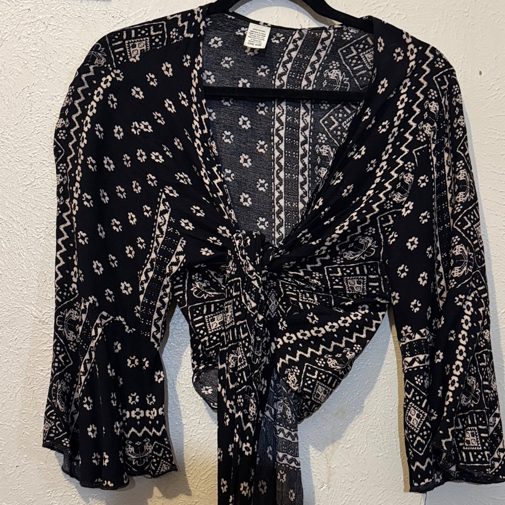 Bohemian Black and White Tie-Front Top